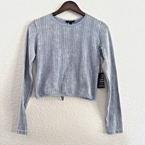 NWT Forever 21 Open Back Ribbed Pointelle Knit Top Lace Trim Dusty Blue Size L